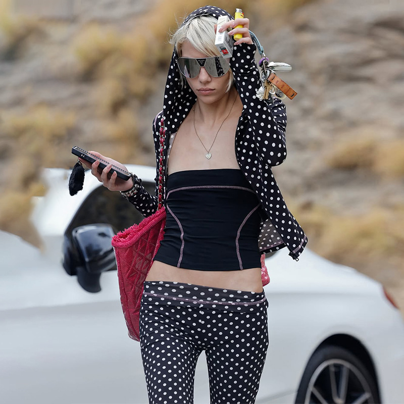 Polka dot cardigan hooded long pants a set for women