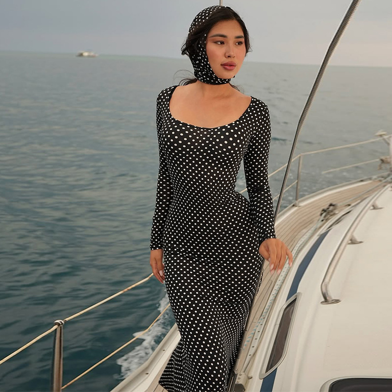 Slim temperament polka dot long sleeve dress for women