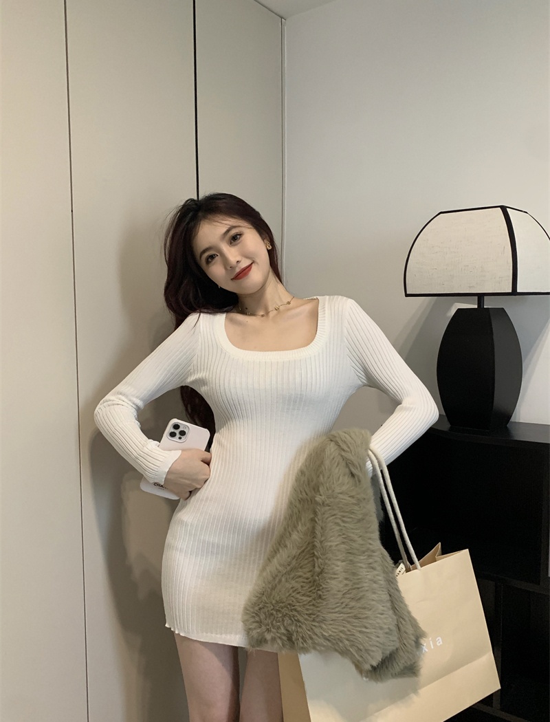 Long sleeve package hip square collar dress
