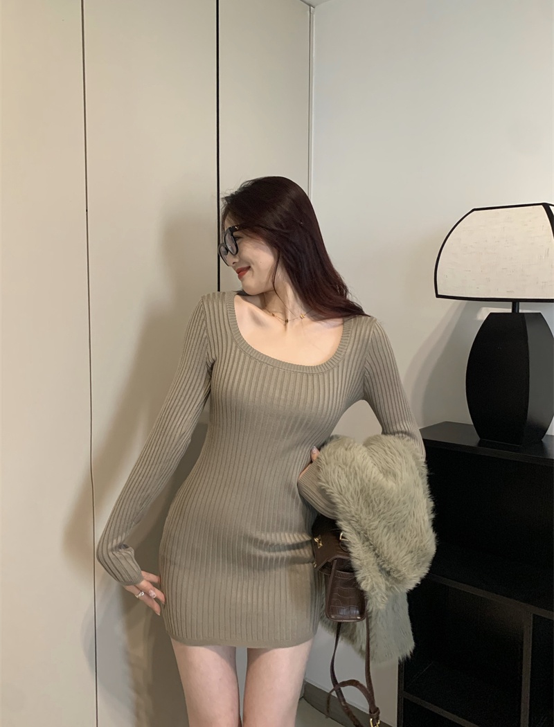 Long sleeve package hip square collar dress