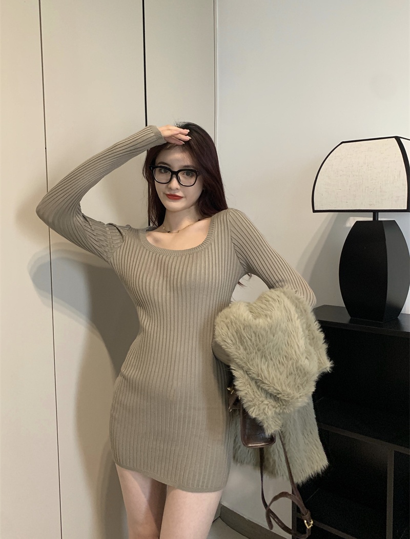 Long sleeve package hip square collar dress