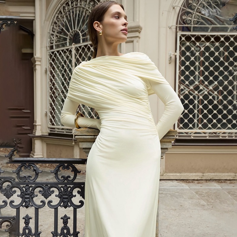 Autumn crinkling slim fashion pure dress for women