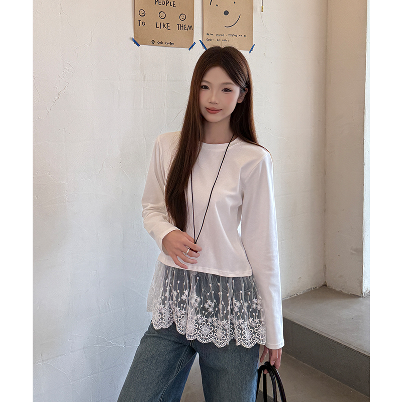 Lace hem bottoming shirt inside the ride tops for women