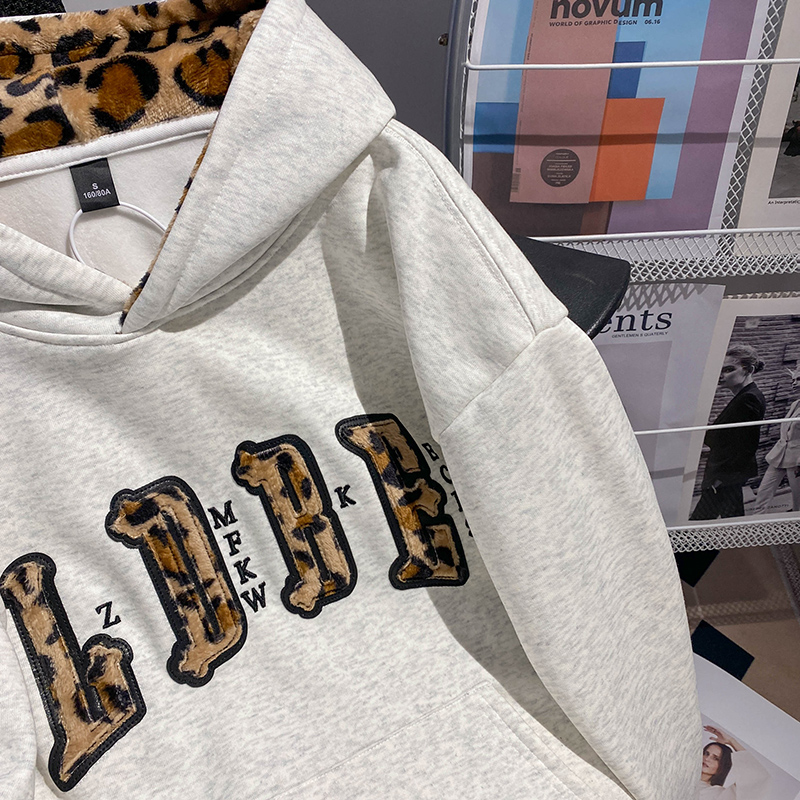 Korean style leopard tops thermal hoodie for women