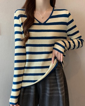 Stripe thermal bottoming shirt long sleeve tops for women