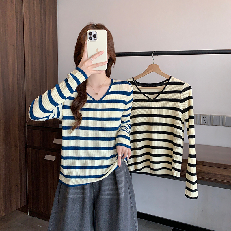 Stripe thermal bottoming shirt long sleeve tops for women