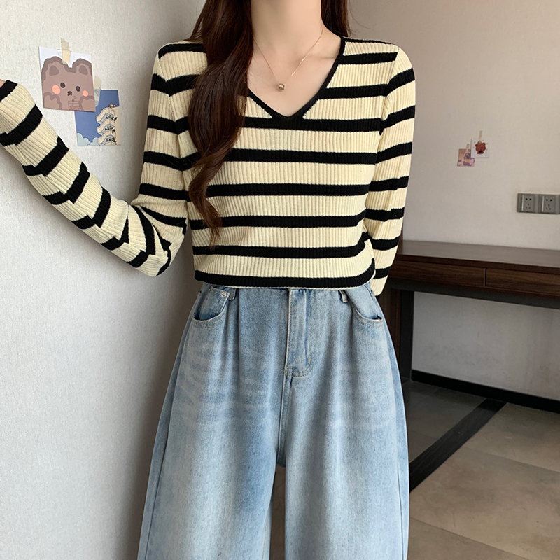 Stripe thermal bottoming shirt long sleeve tops for women