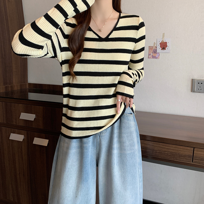 Stripe thermal bottoming shirt long sleeve tops for women