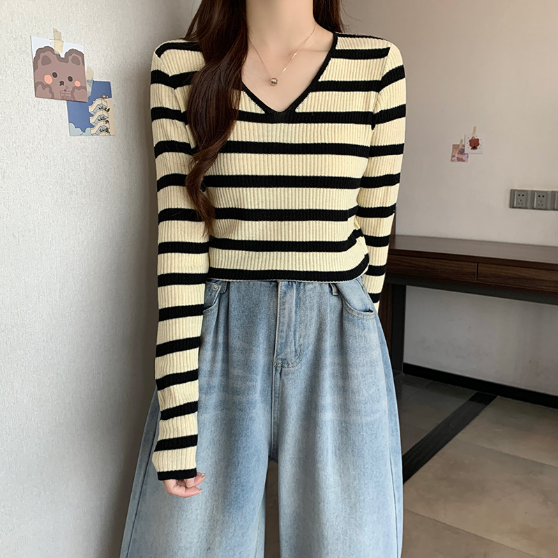 Stripe thermal bottoming shirt long sleeve tops for women