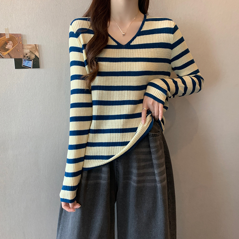 Stripe thermal bottoming shirt long sleeve tops for women
