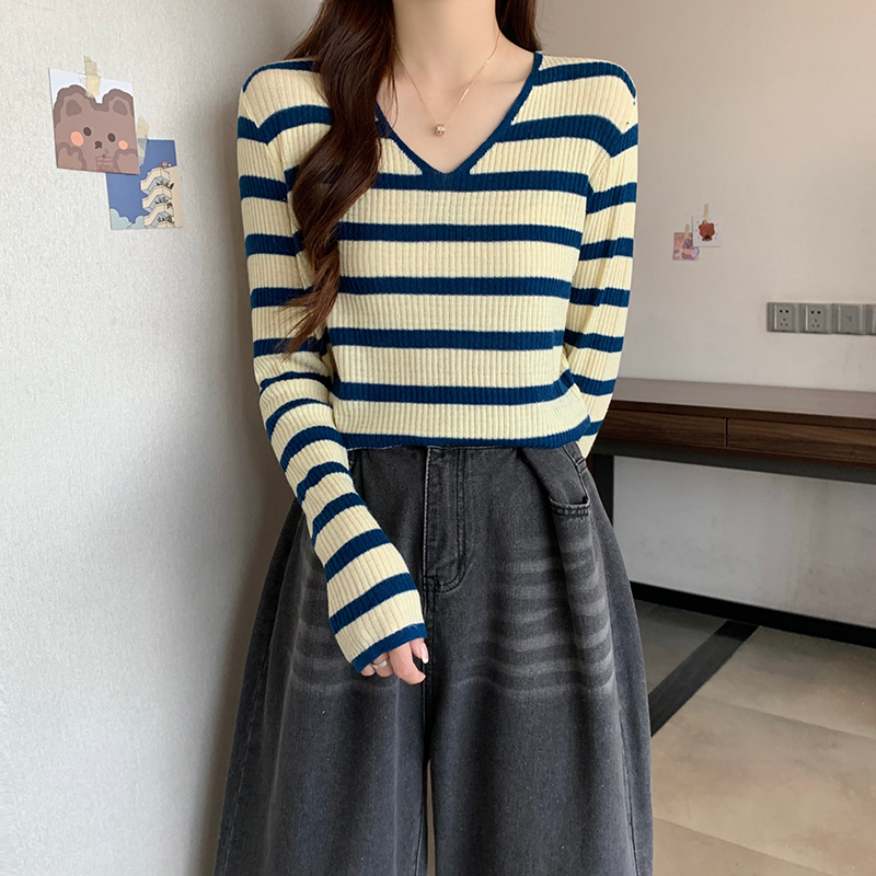 Stripe thermal bottoming shirt long sleeve tops for women