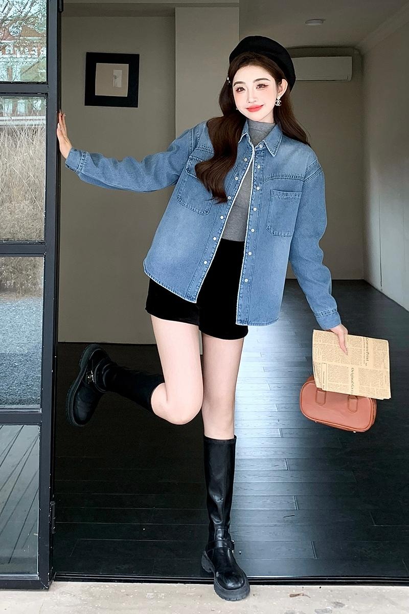 Fashion long sleeve retro denim all-match Korean style coat