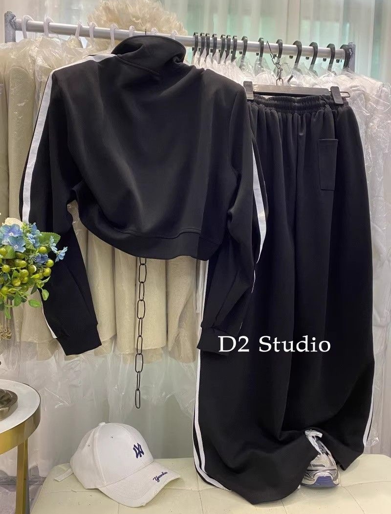 Cstand collar wide leg pants Korean style hoodie 2pcs set