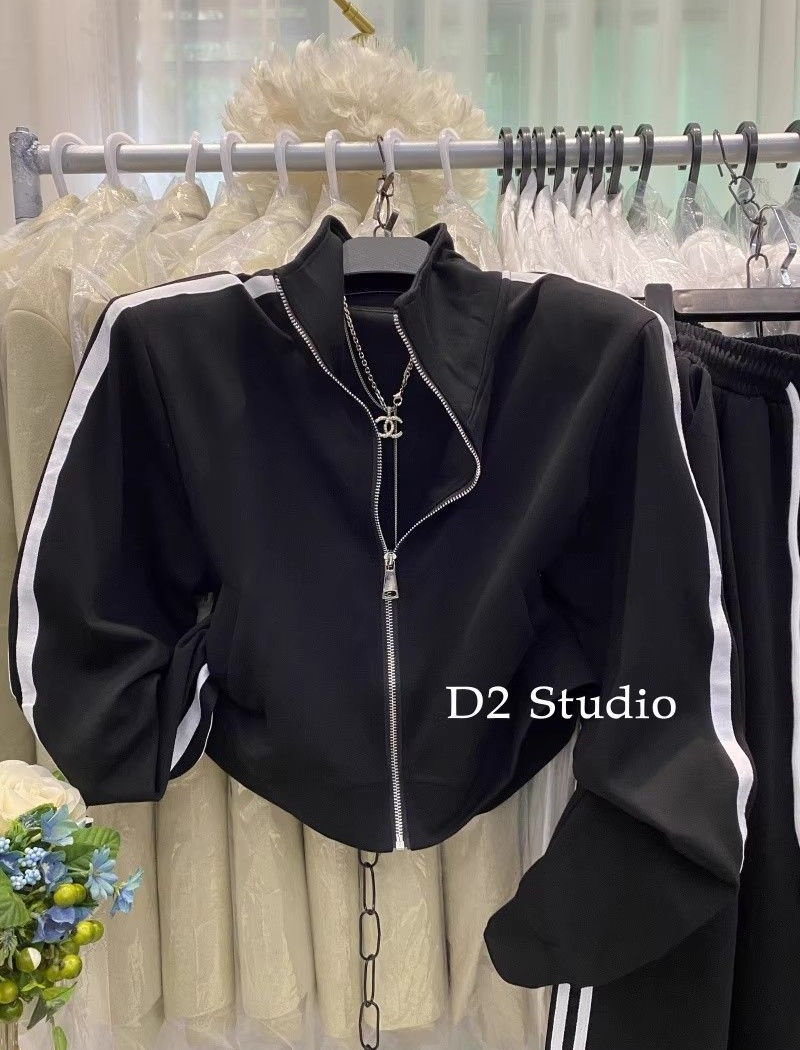 Cstand collar wide leg pants Korean style hoodie 2pcs set