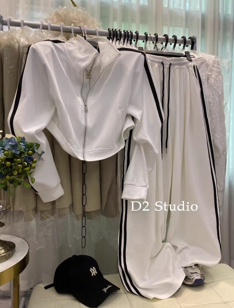 Cstand collar wide leg pants Korean style hoodie 2pcs set