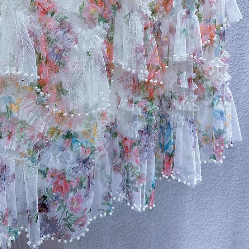 Beading irregular splice skirt printing colors long skirt