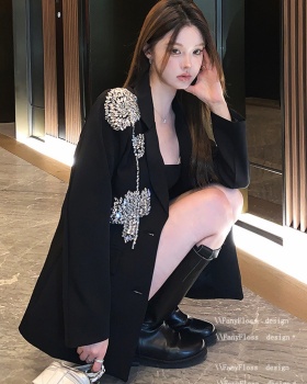 Loose ladies coat rhinestone black business suit