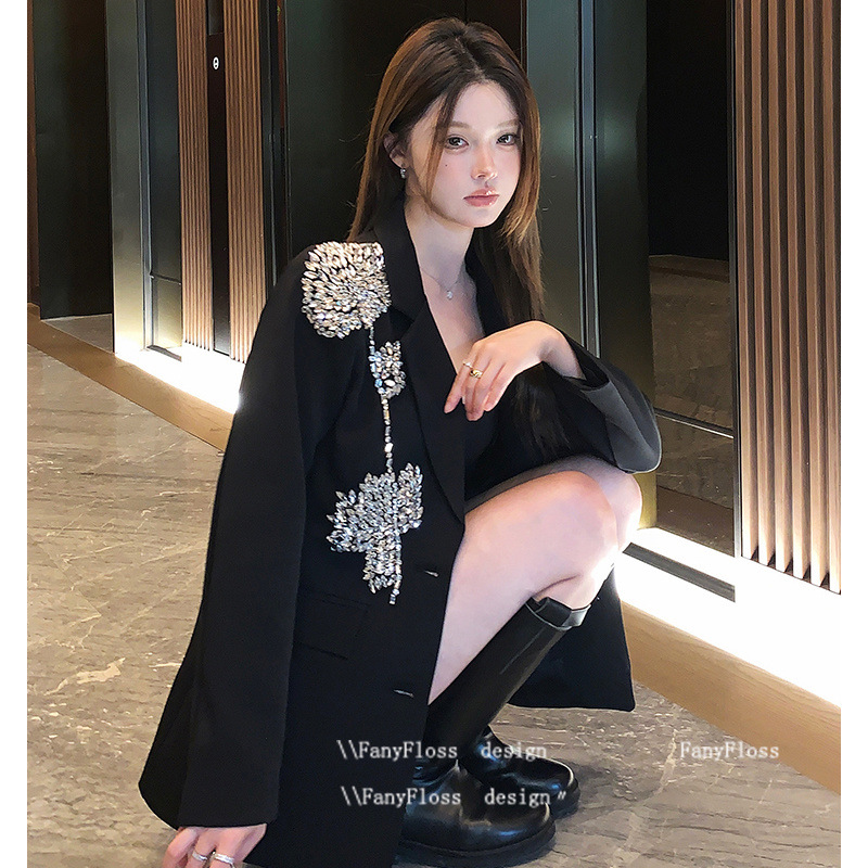 Loose ladies coat rhinestone black business suit