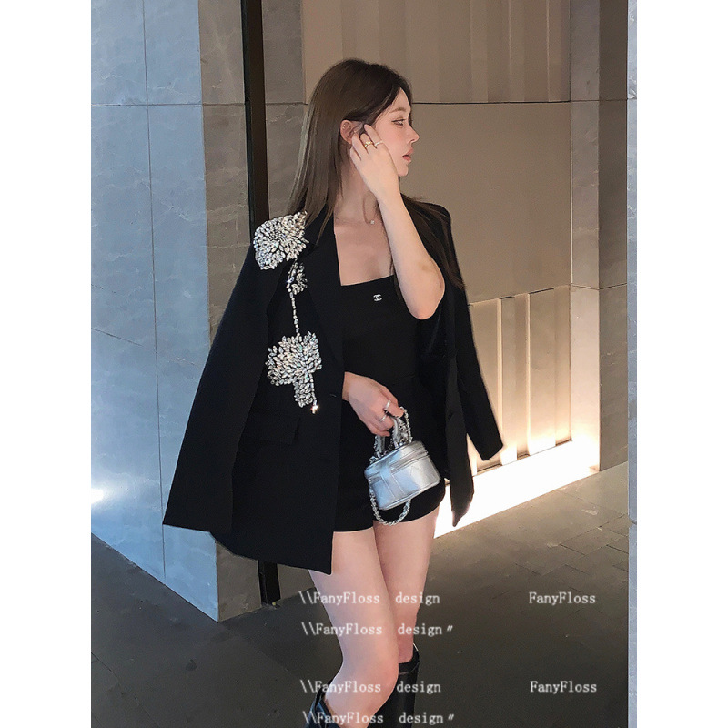 Loose ladies coat rhinestone black business suit