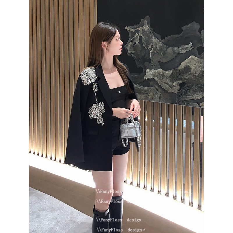 Loose ladies coat rhinestone black business suit