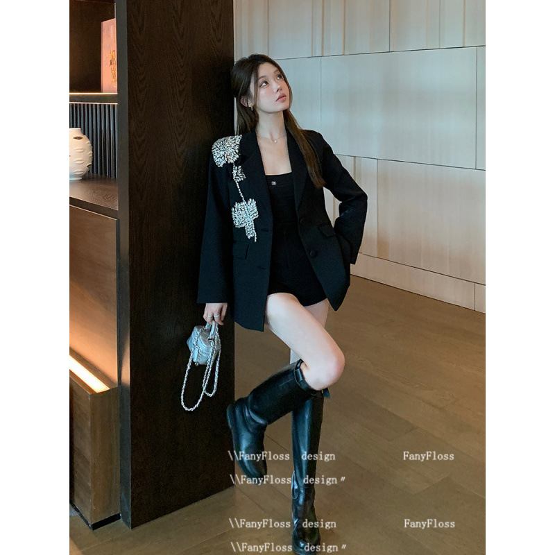 Loose ladies coat rhinestone black business suit