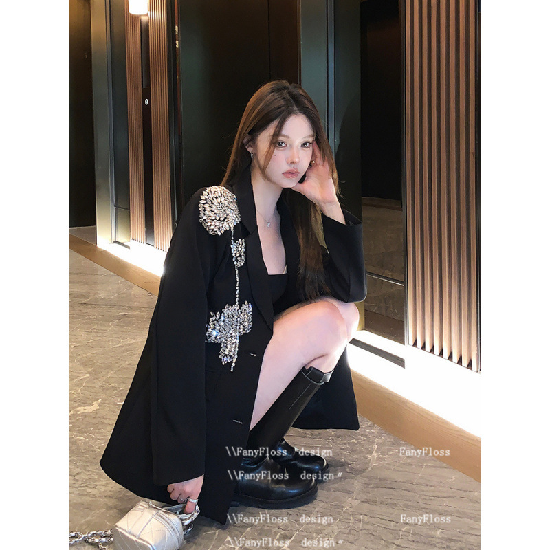 Loose ladies coat rhinestone black business suit