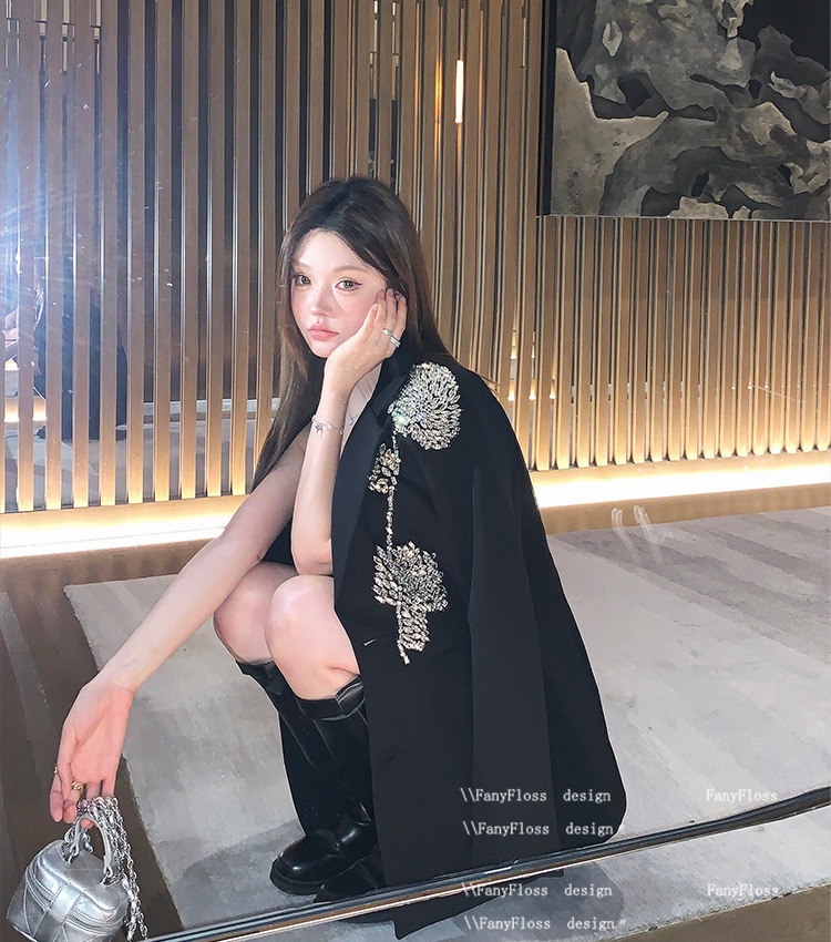 Loose ladies coat rhinestone black business suit