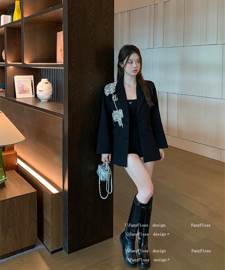 Loose ladies coat rhinestone black business suit