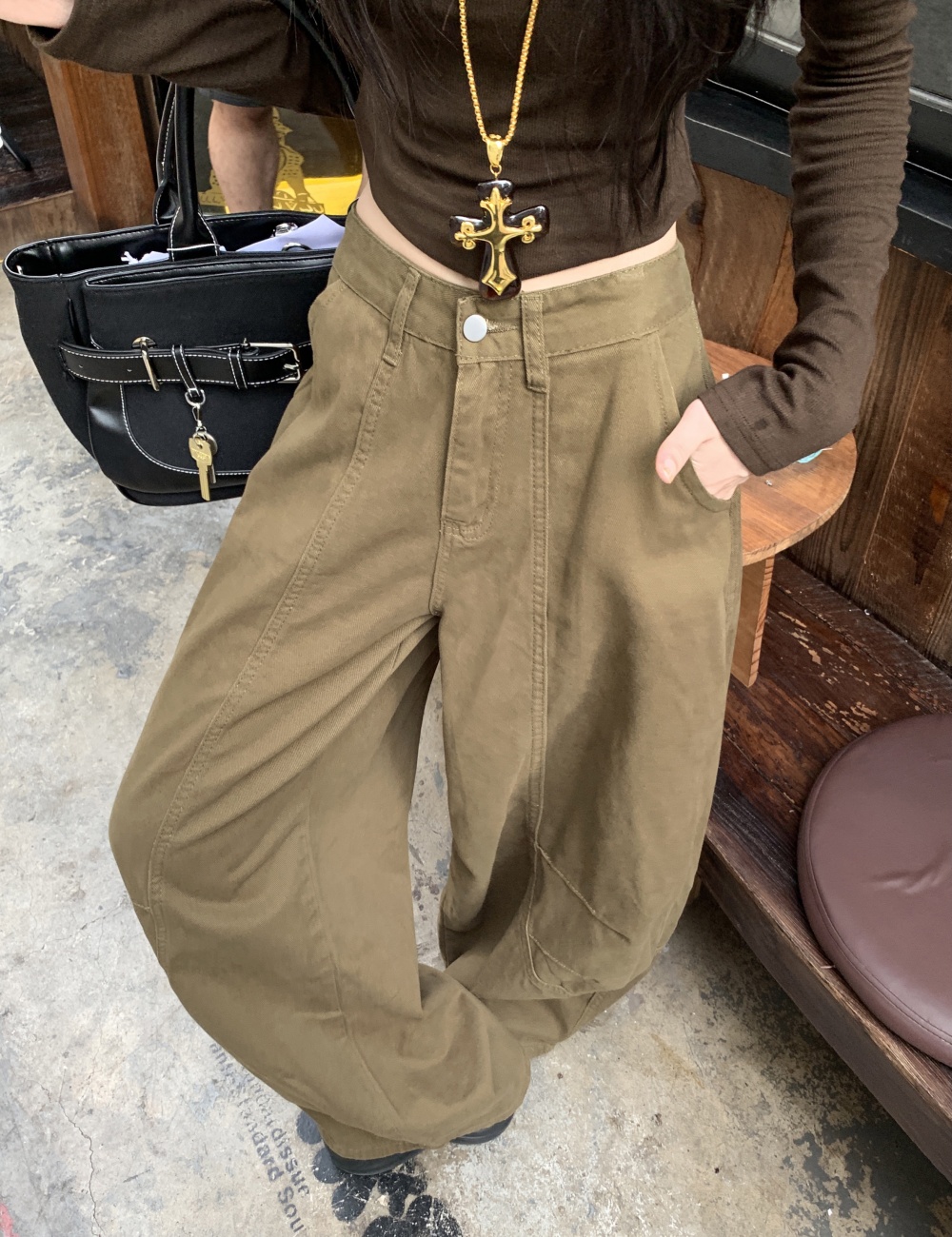 Loose slim winter long pants khaki high waist jeans