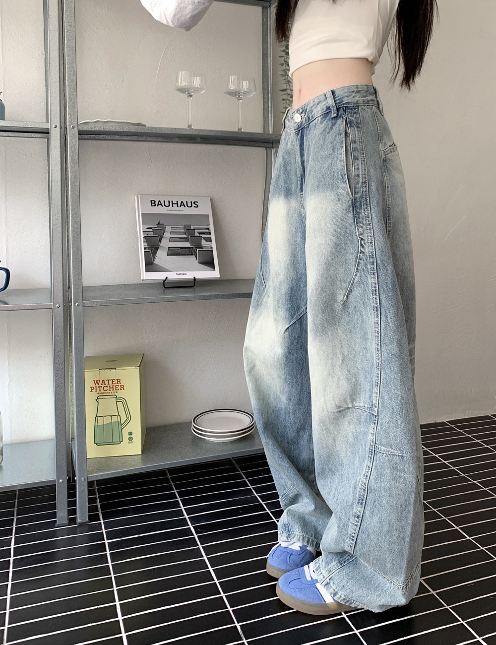 Straight wide leg pants light color washed jeans