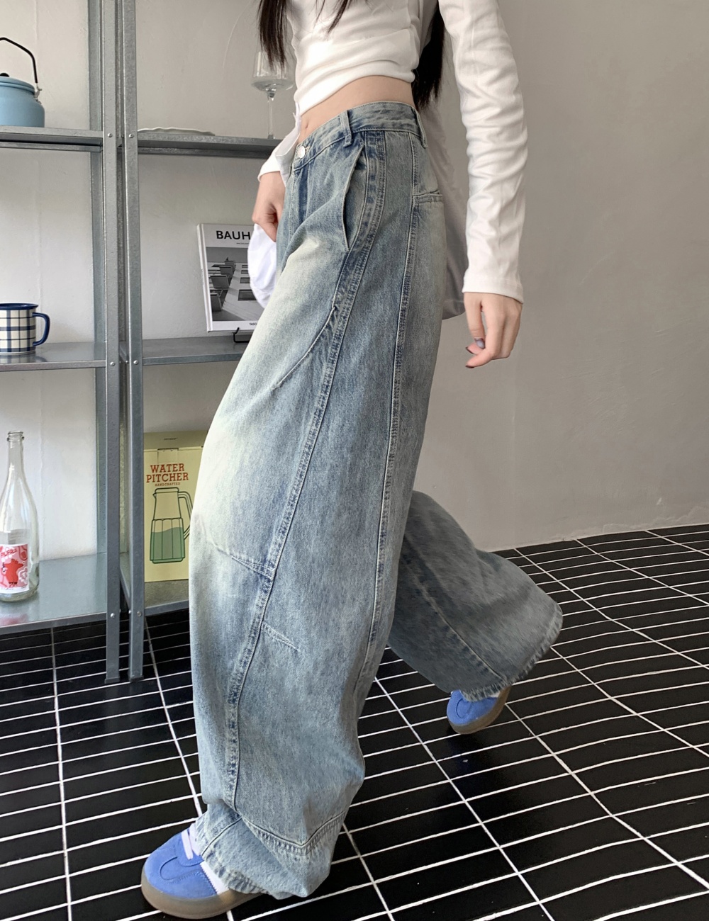 Straight wide leg pants light color washed jeans