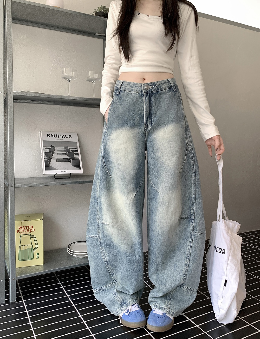 Straight wide leg pants light color washed jeans