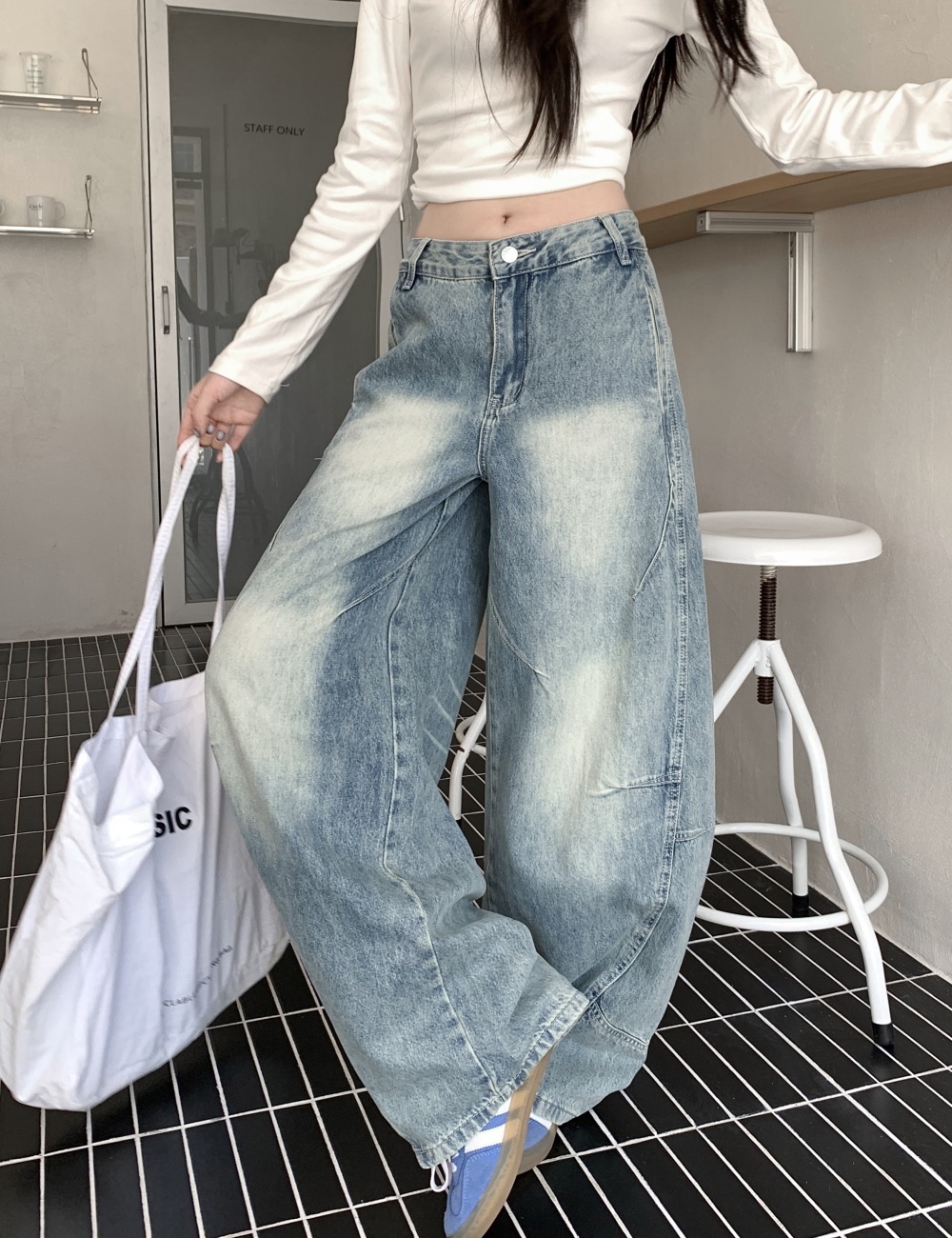 Straight wide leg pants light color washed jeans