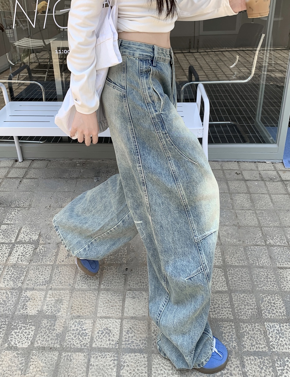 Straight wide leg pants light color washed jeans