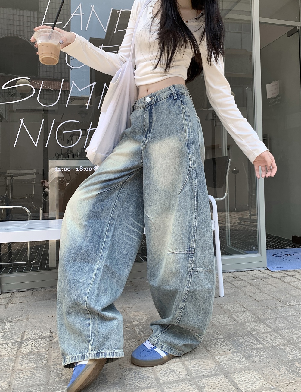 Straight wide leg pants light color washed jeans