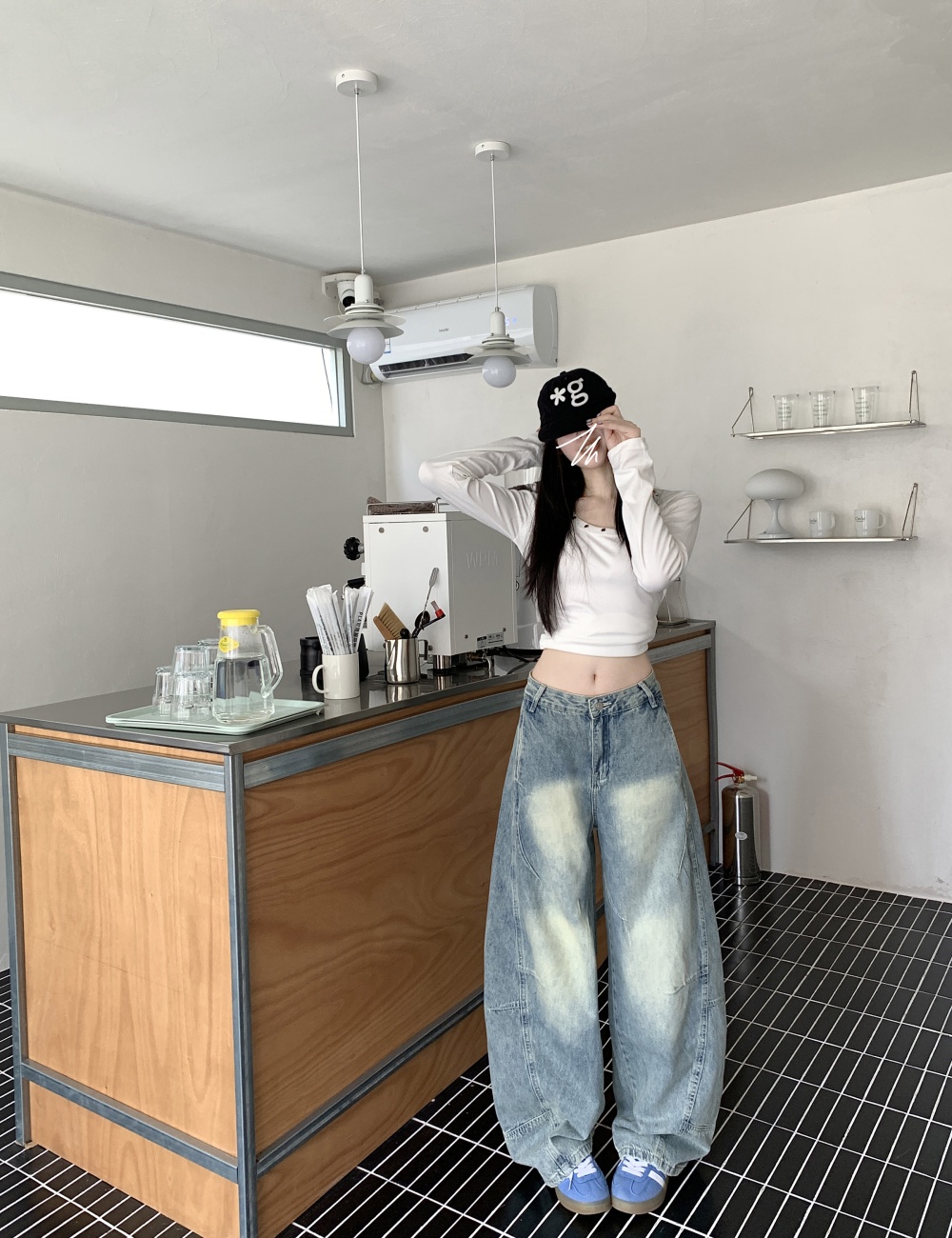 Straight wide leg pants light color washed jeans