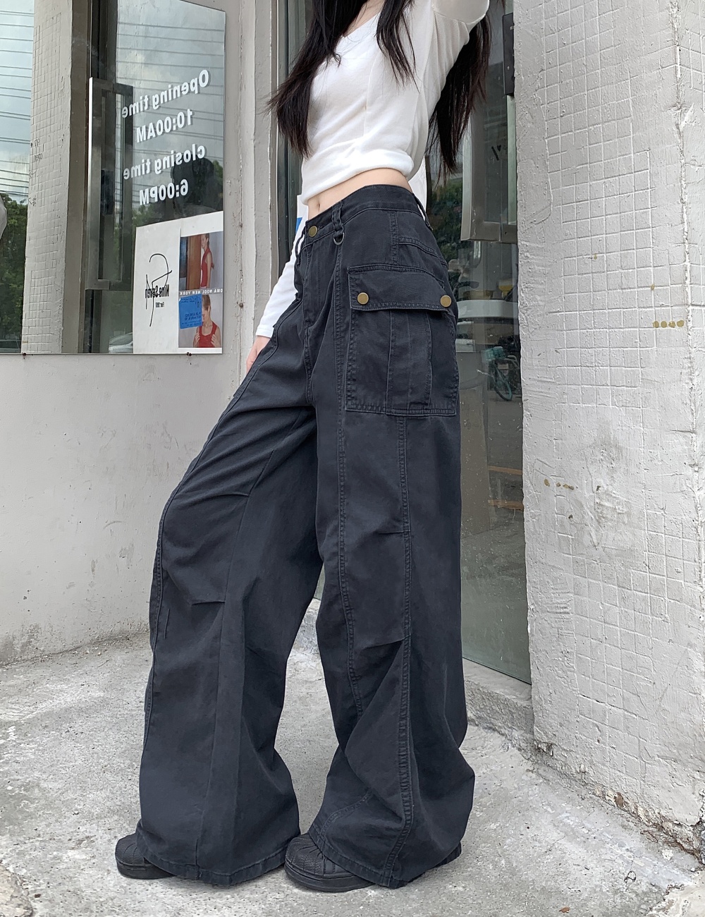 Many pocket fold pants straight work pants for women