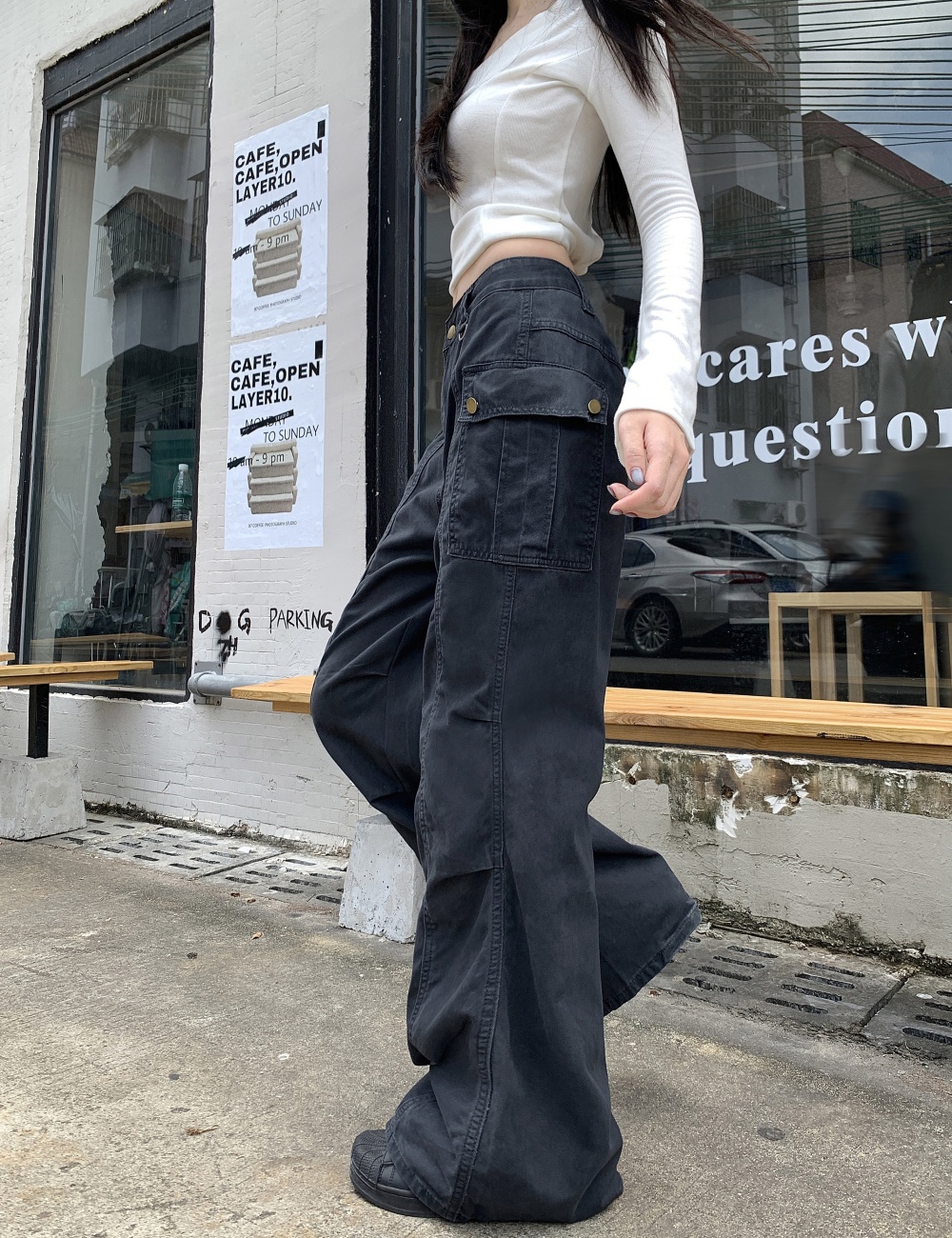 Many pocket fold pants straight work pants for women