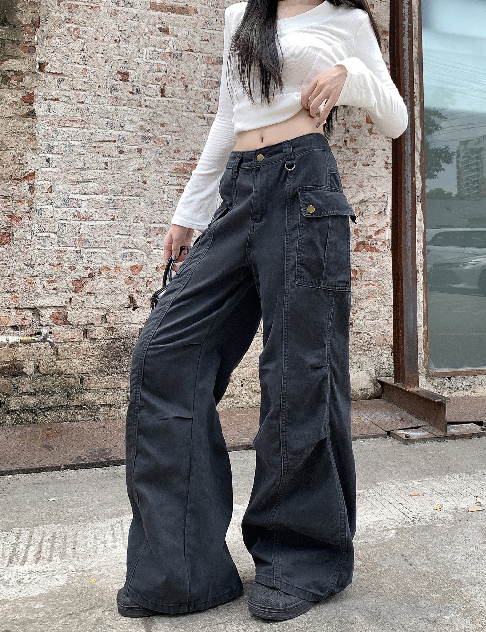 Many pocket fold pants straight work pants for women
