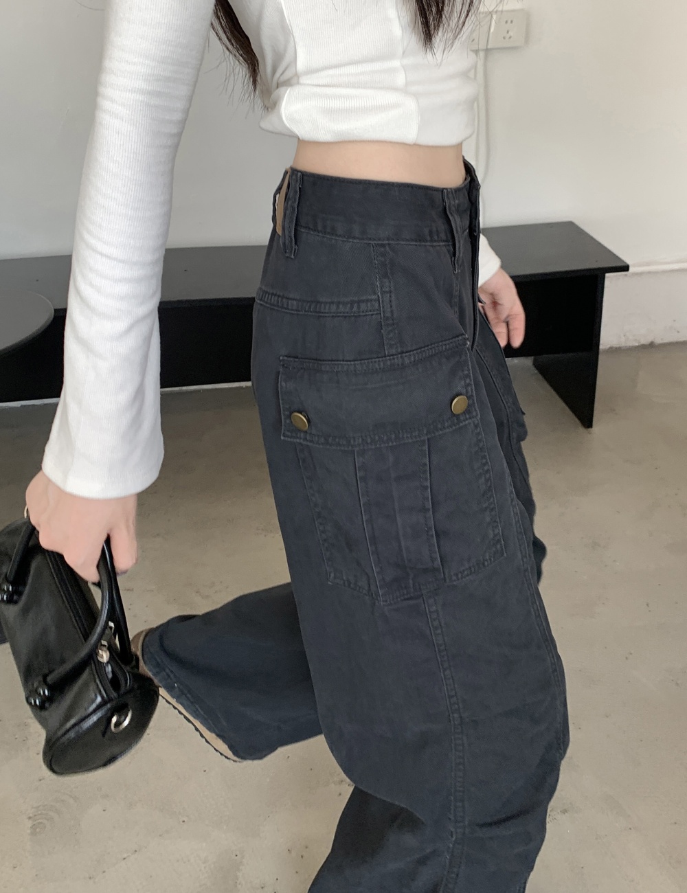 Many pocket fold pants straight work pants for women