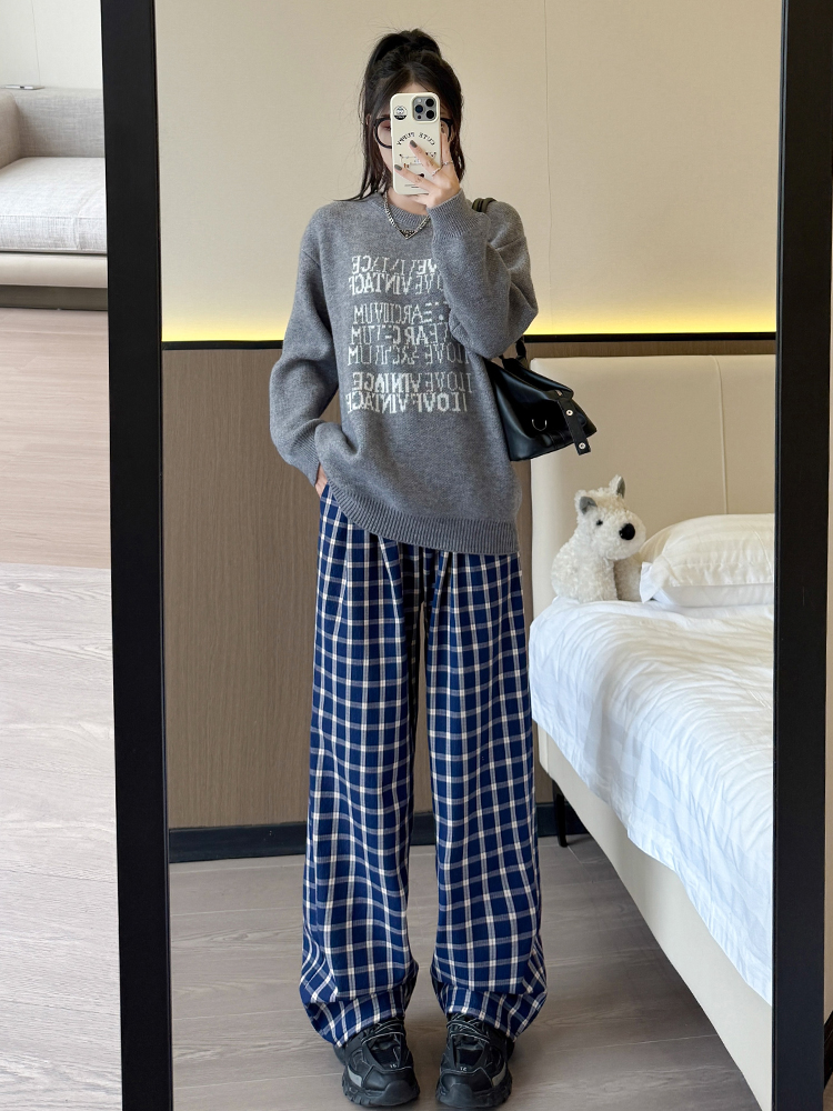 Niche navy-blue casual pants straight pants for women