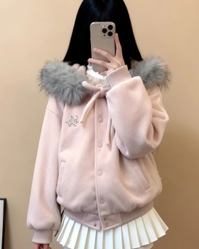 Large fur collar coat bow baseball uniforms for women