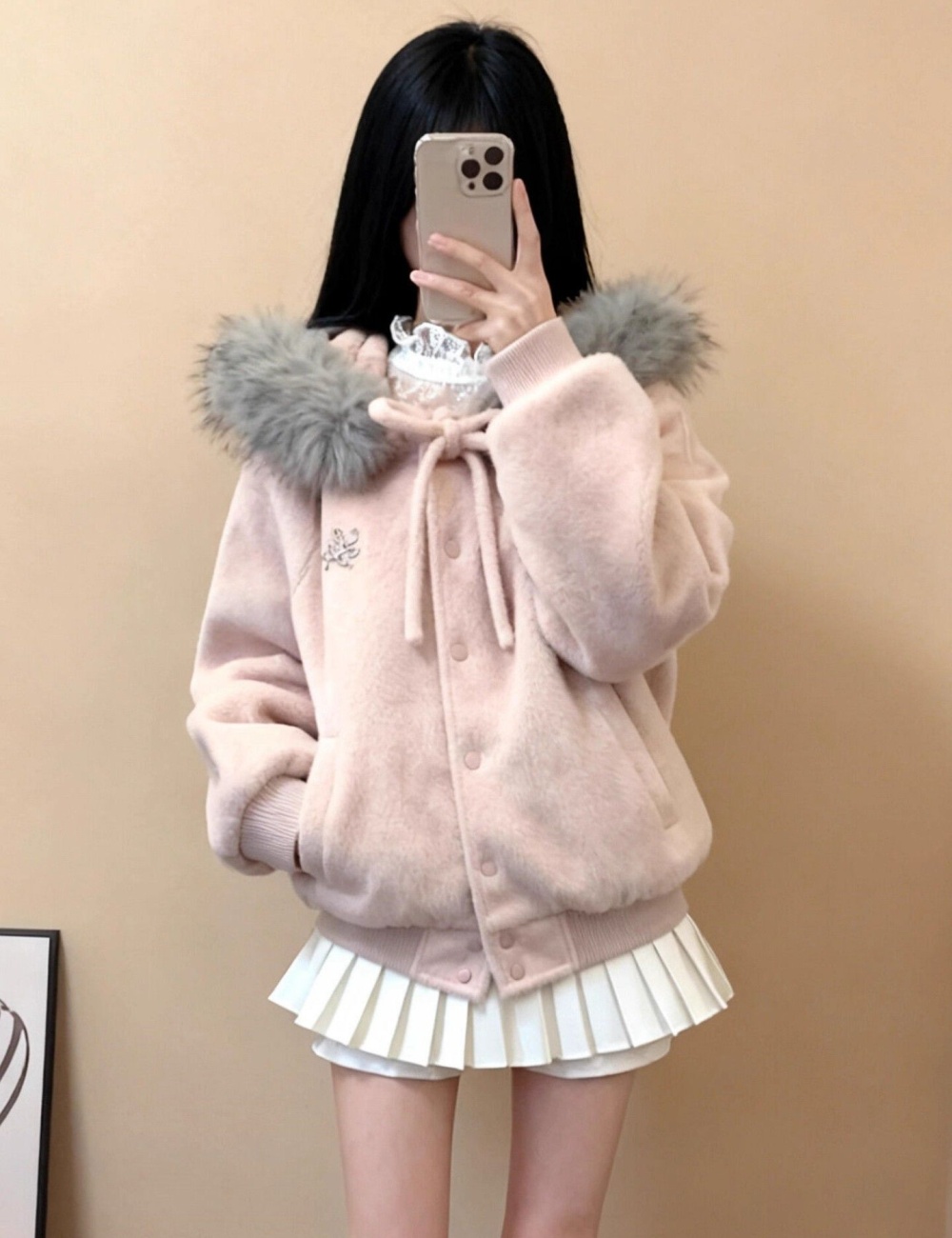 Large fur collar coat bow baseball uniforms for women