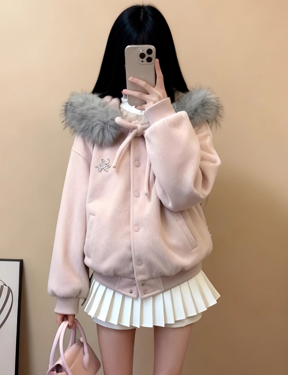 Large fur collar coat bow baseball uniforms for women