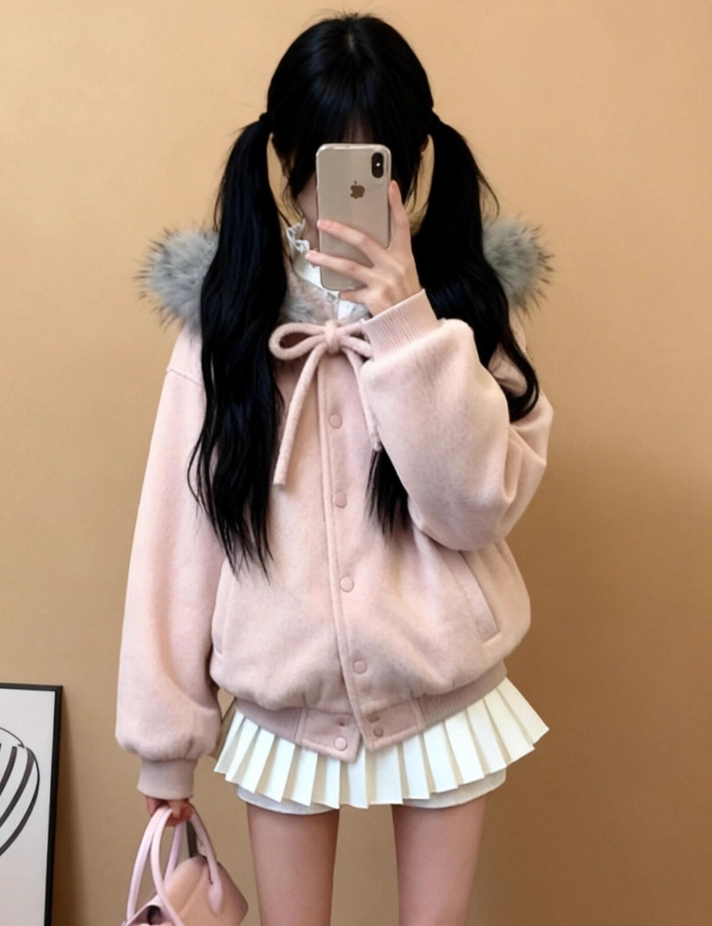 Large fur collar coat bow baseball uniforms for women