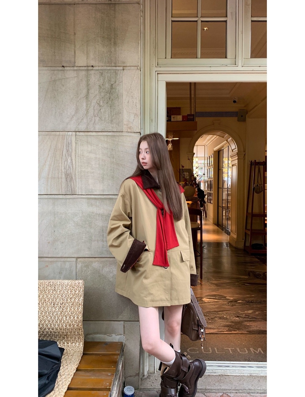 Splice khaki coat mixed colors windbreaker for women