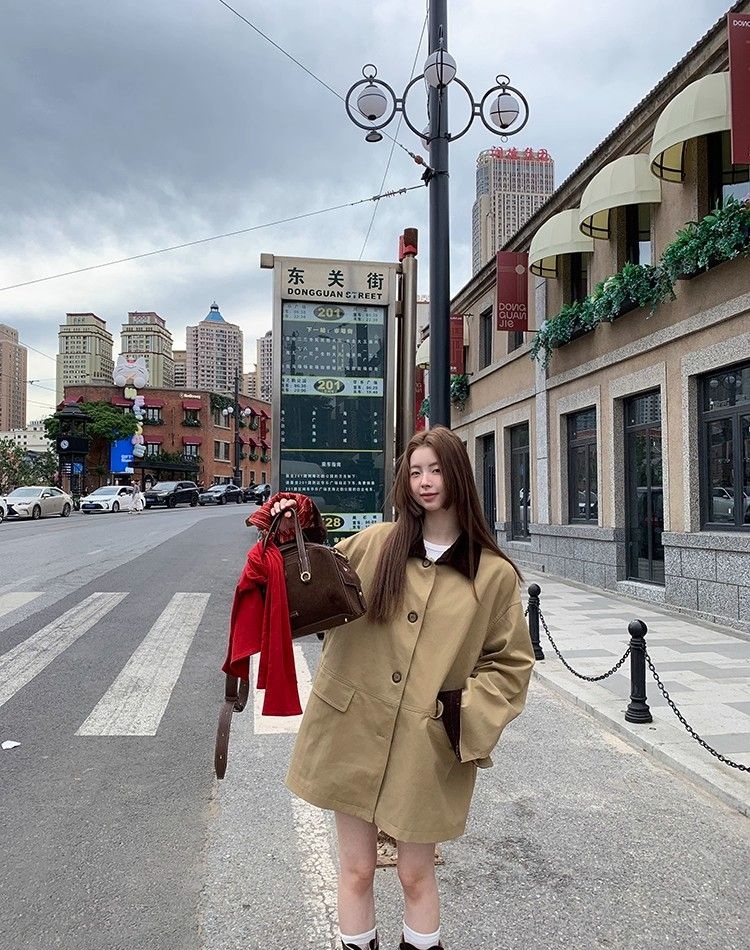 Splice khaki coat mixed colors windbreaker for women