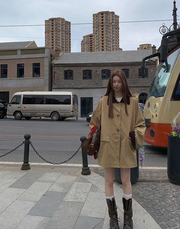 Splice khaki coat mixed colors windbreaker for women