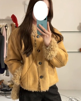 Lapel suede retro winter tops short thermal thick coat