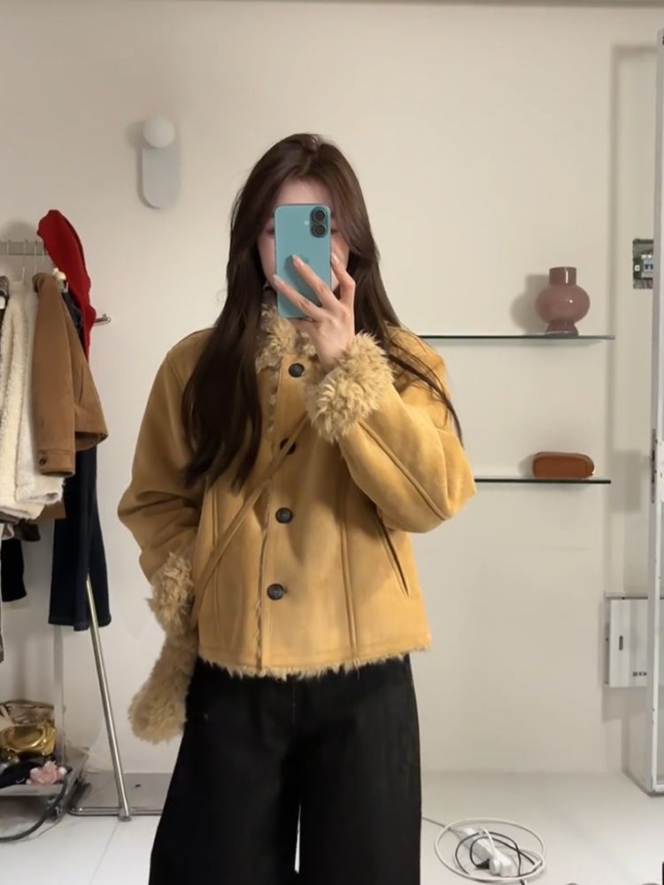 Lapel suede retro winter tops short thermal thick coat